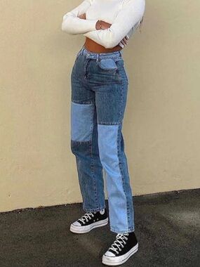 RARE Color Block High Waisted Straight Leg Jeans